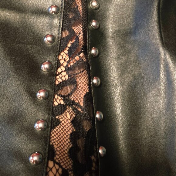 Womens Black Faux Leather Mini Skirt Featuring a striking Lace Panel - Picture 2 of 2